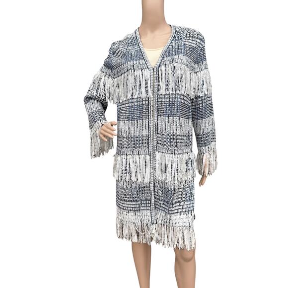 St. John Couture Sz 6 Boucle Fringe Cardigan Jacket Black White Sequin High-Low - Picture 1 of 11